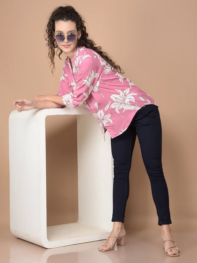 Pink Floral Print 100% Cotton V-Neck Shirt-Women Shirts-Crimsoune Club