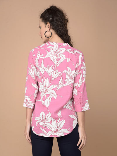 Pink Floral Print 100% Cotton V-Neck Shirt-Women Shirts-Crimsoune Club