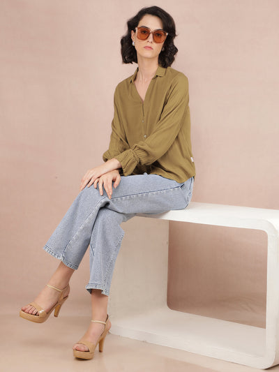 Olive Jacquard Shirt-Women Shirts-Crimsoune Club