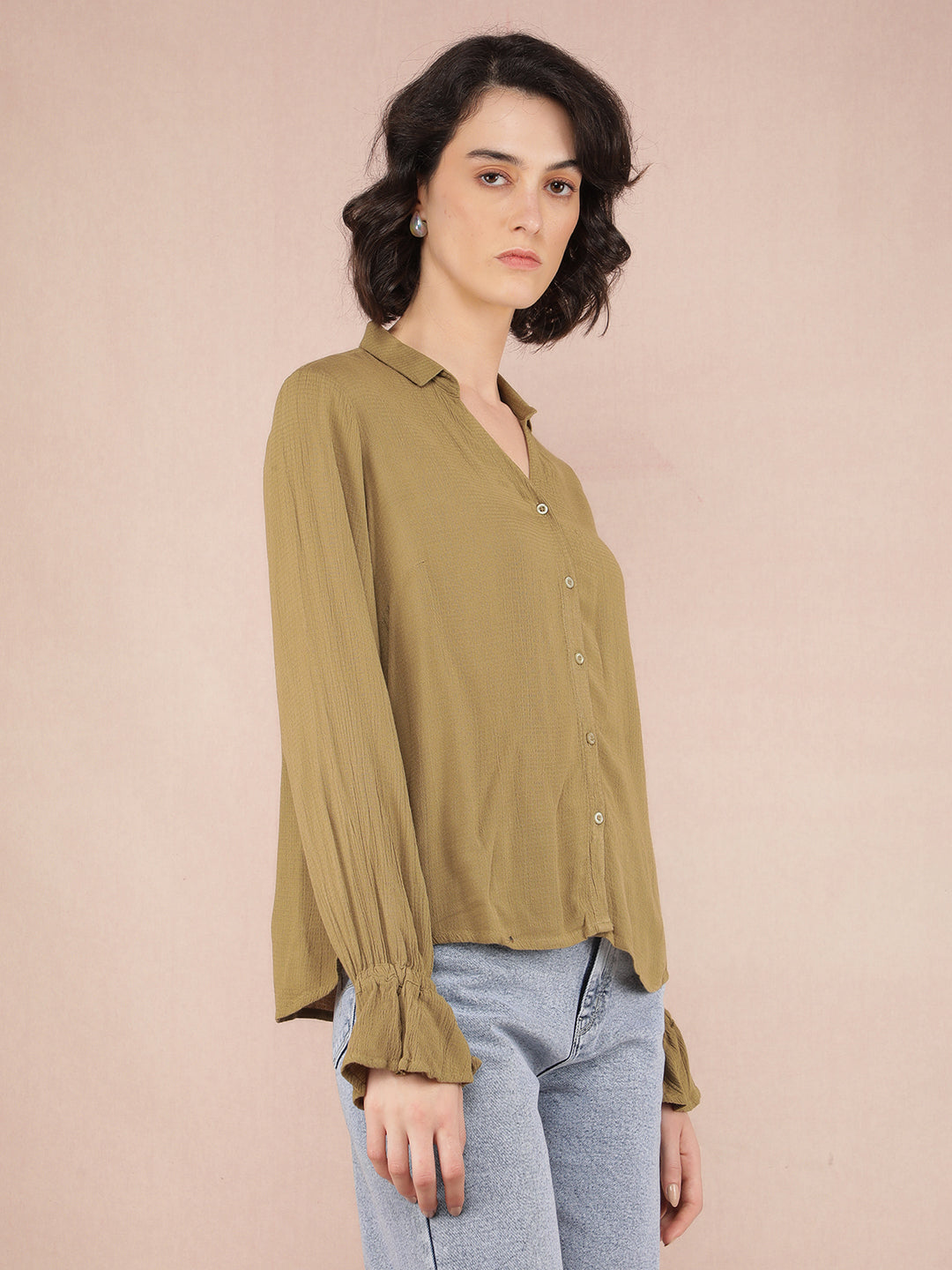 Olive Jacquard Shirt-Women Shirts-Crimsoune Club