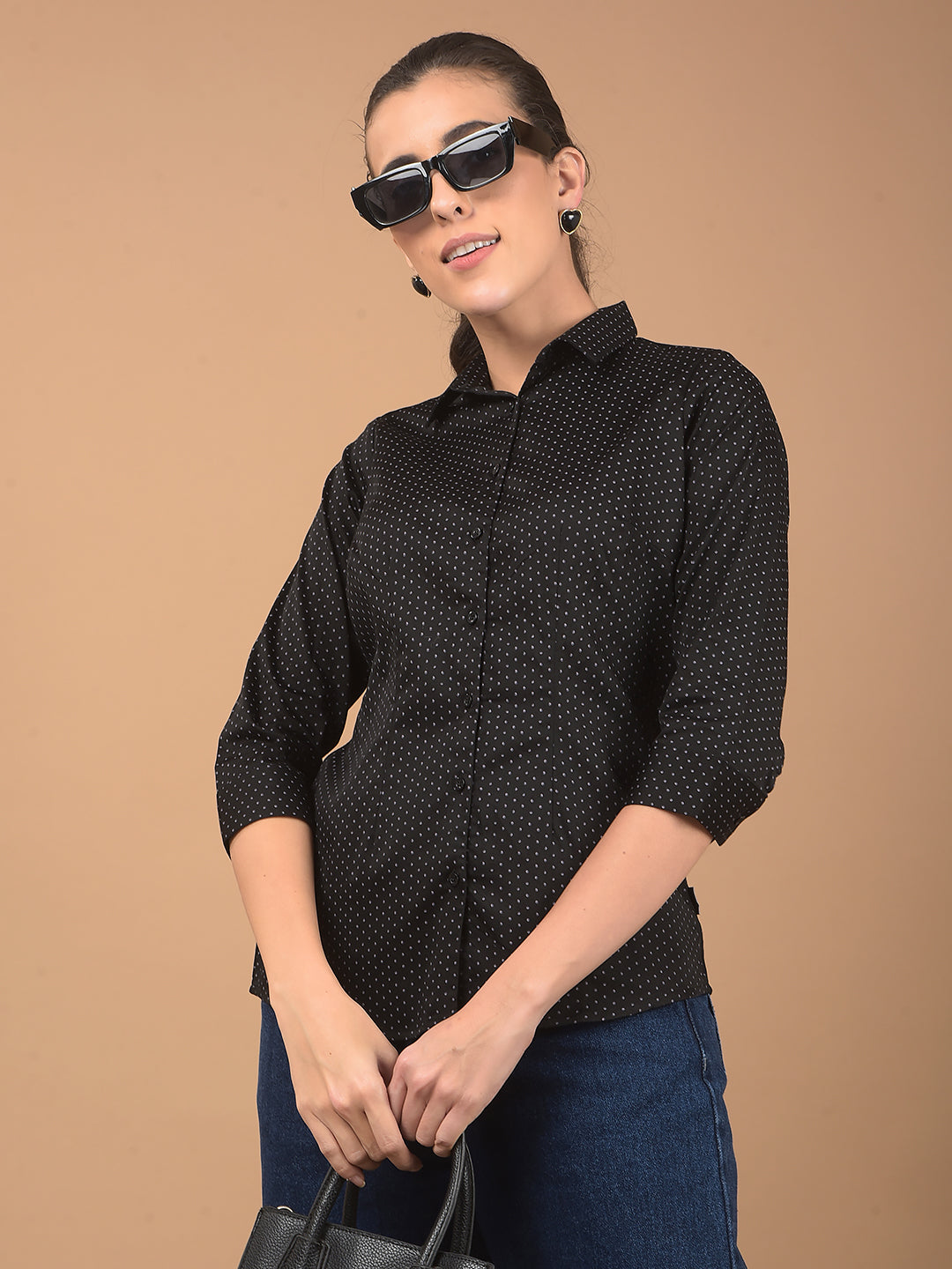 Black Polka Dots Print Shirt-Women Shirts-Crimsoune Club