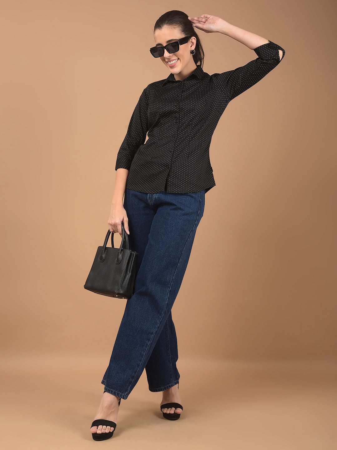 Black Polka Dots Print Shirt-Women Shirts-Crimsoune Club