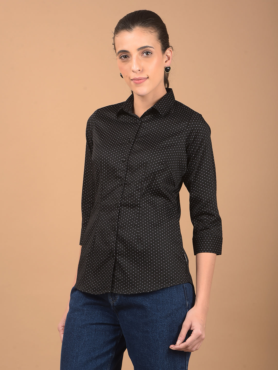 Black Polka Dots Print Shirt-Women Shirts-Crimsoune Club