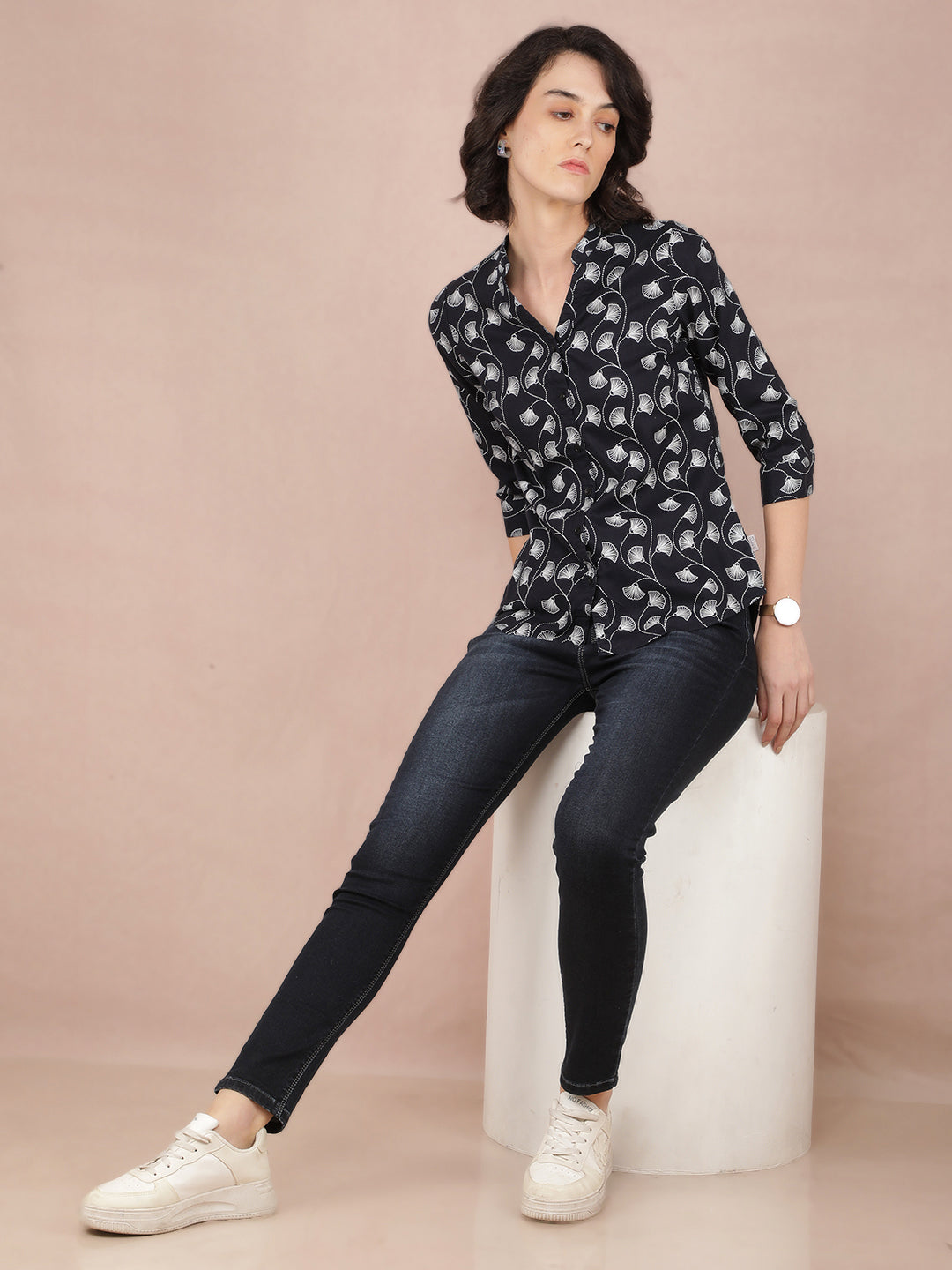 Black Floral Print Shirt-Women Shirts-Crimsoune Club