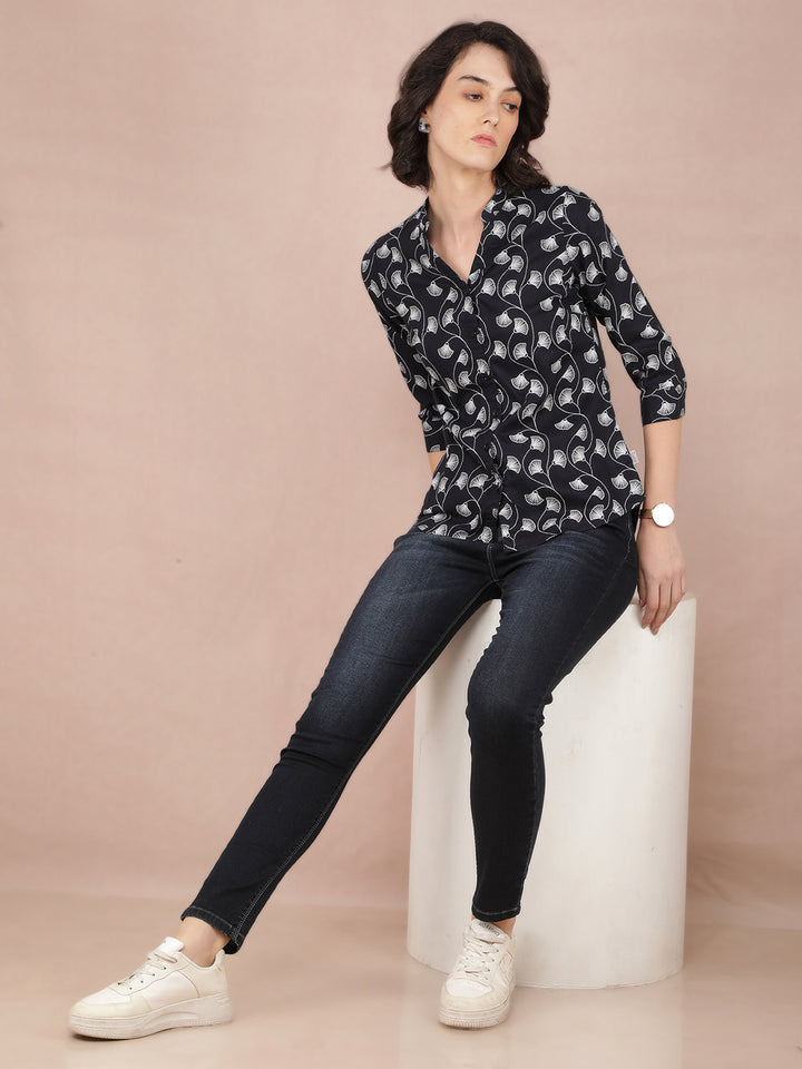 Black Floral Print Shirt-Women Shirts-Crimsoune Club