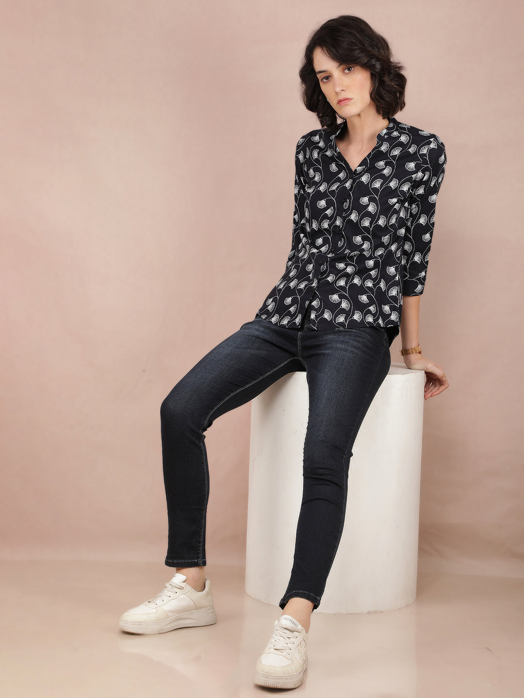 Black Floral Print Shirt-Women Shirts-Crimsoune Club