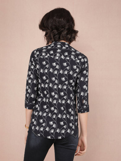 Black Floral Print Shirt-Women Shirts-Crimsoune Club