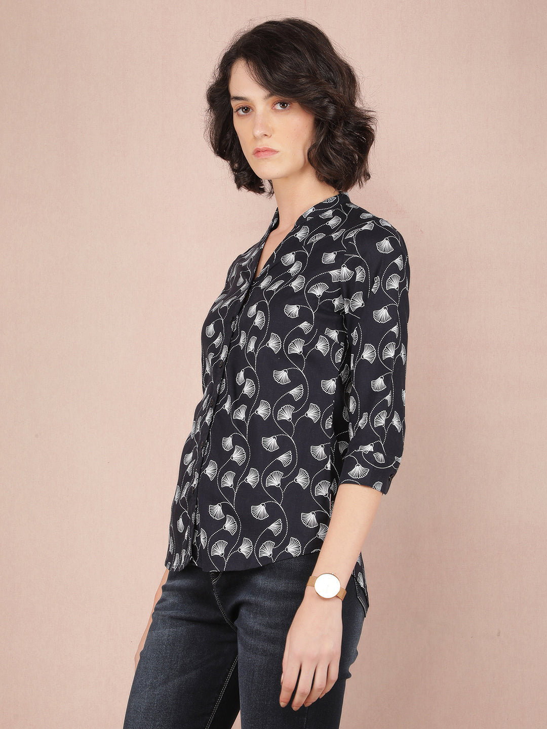 Black Floral Print Shirt-Women Shirts-Crimsoune Club