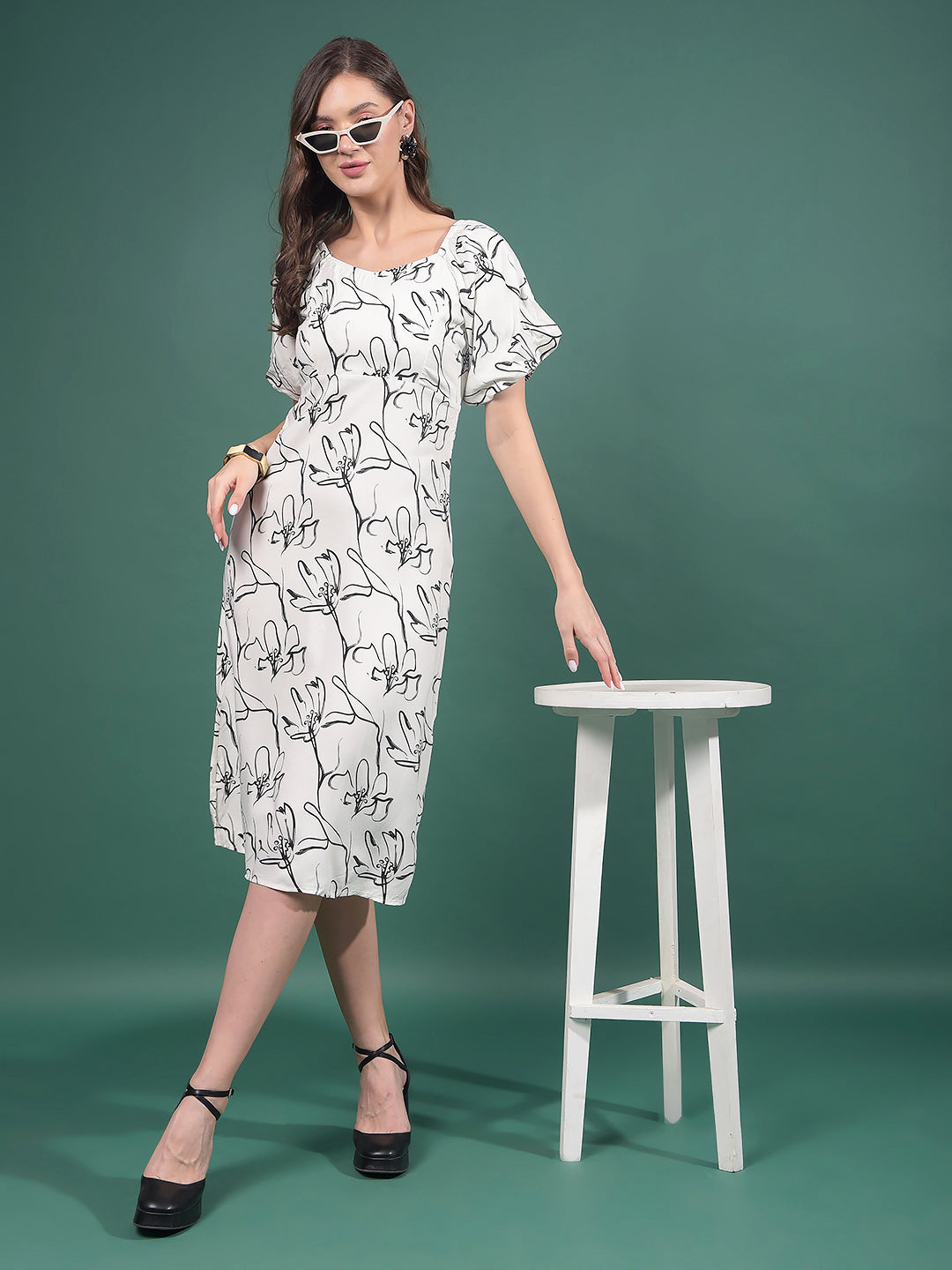 White Floral Print Square Neck A-Line Dress-Women Dresses-Crimsoune Club