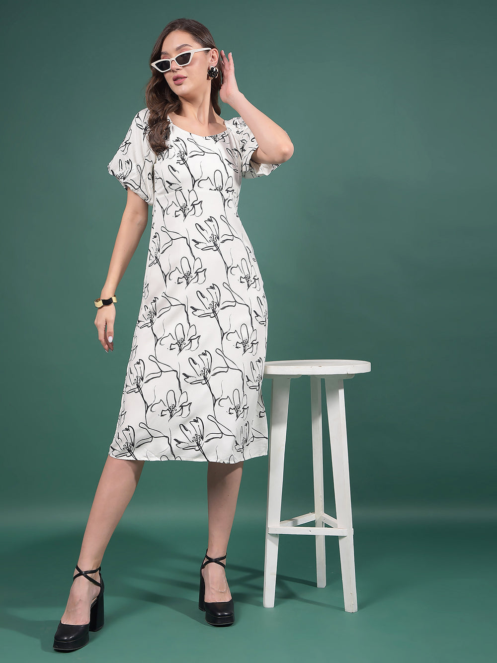 White Floral Print Square Neck A-Line Dress-Women Dresses-Crimsoune Club