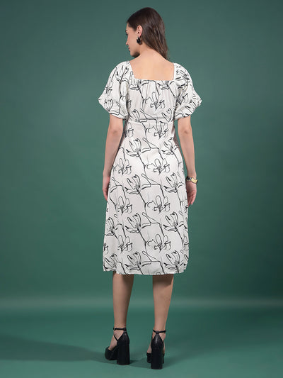 White Floral Print Square Neck A-Line Dress-Women Dresses-Crimsoune Club