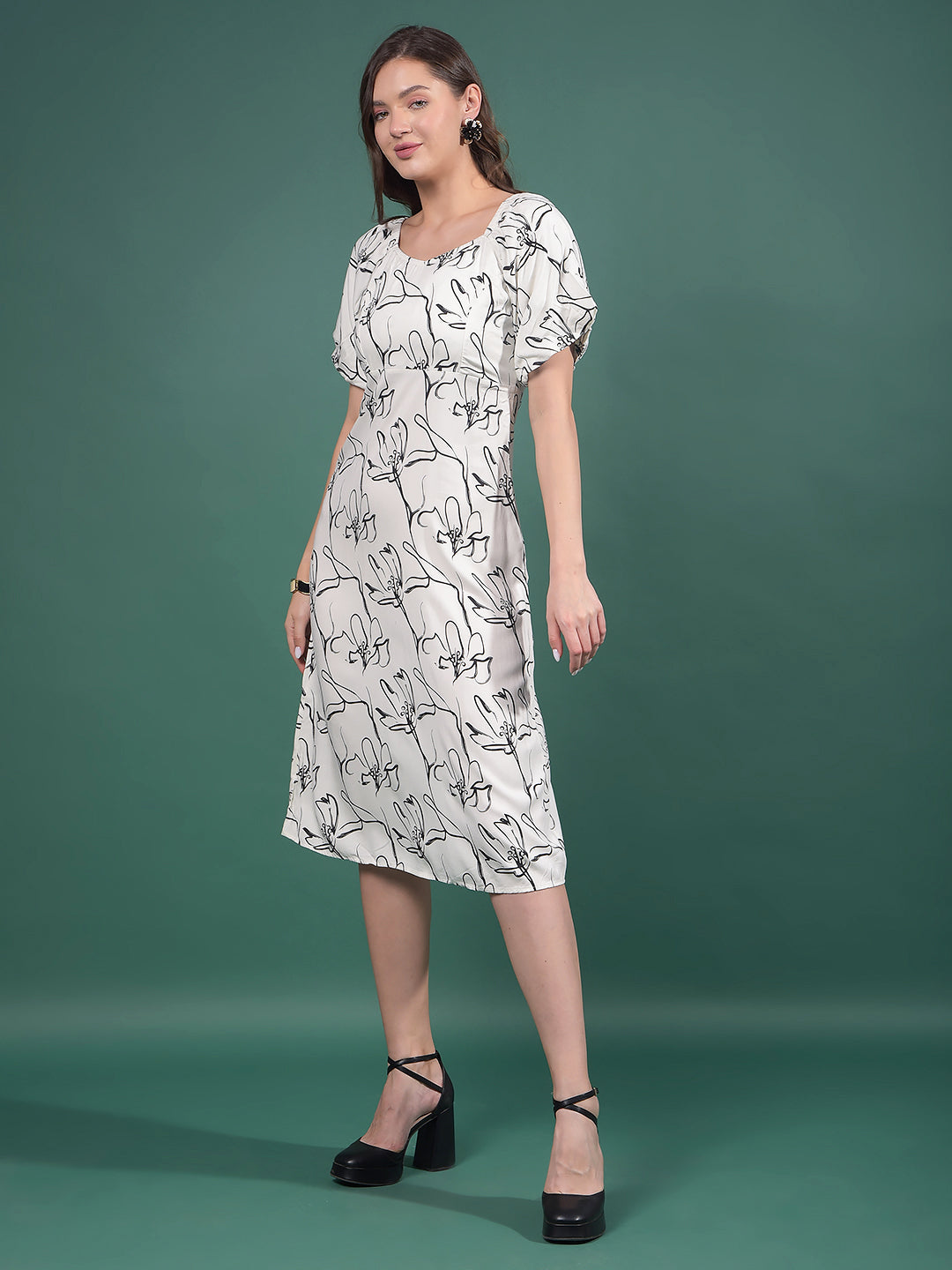 White Floral Print Square Neck A-Line Dress-Women Dresses-Crimsoune Club