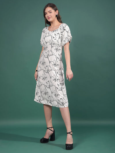 White Floral Print Square Neck A-Line Dress-Women Dresses-Crimsoune Club