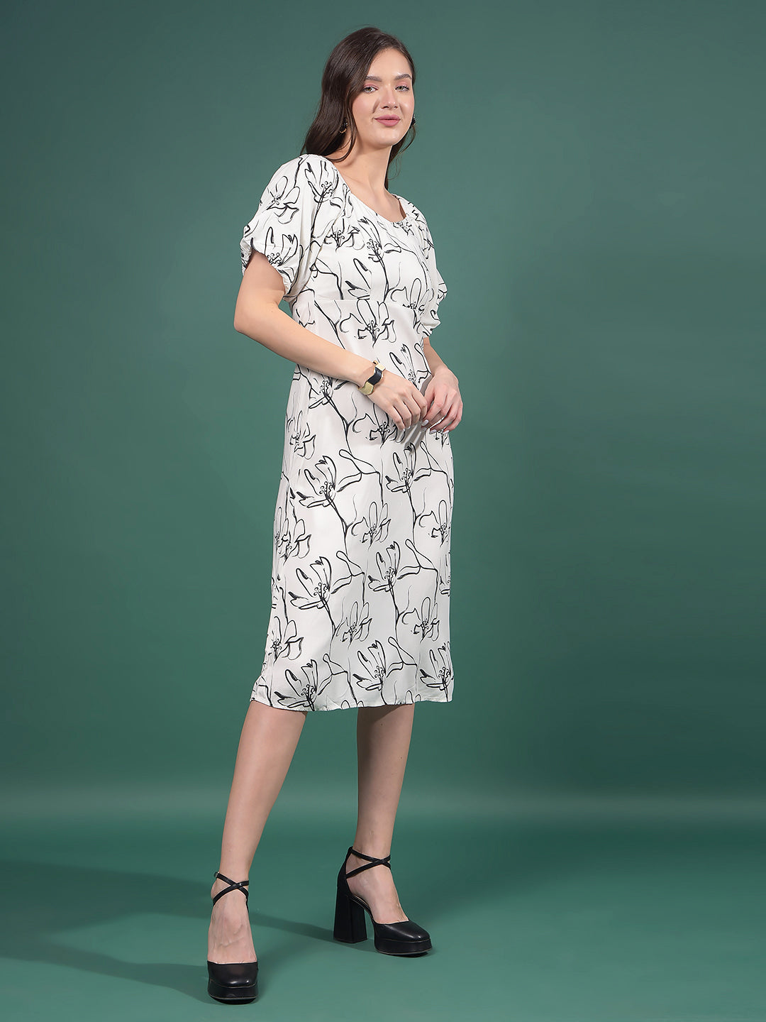 White Floral Print Square Neck A-Line Dress-Women Dresses-Crimsoune Club