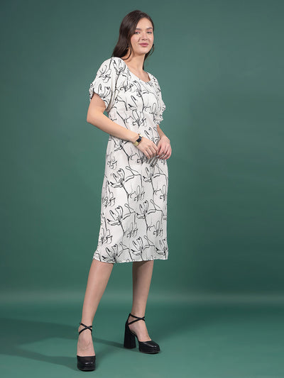 White Floral Print Square Neck A-Line Dress-Women Dresses-Crimsoune Club
