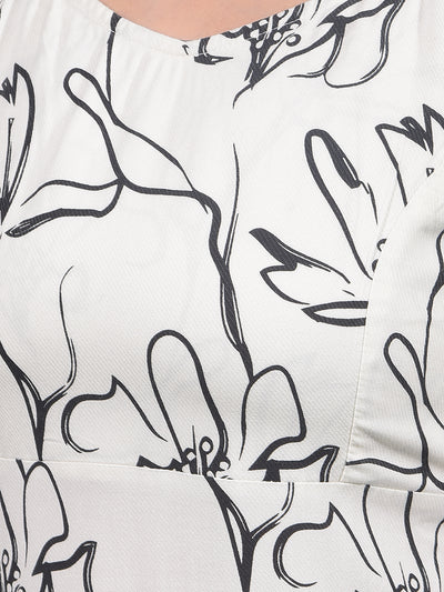 White Floral Print Square Neck A-Line Dress-Women Dresses-Crimsoune Club
