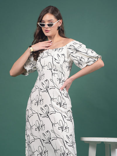 White Floral Print Square Neck A-Line Dress-Women Dresses-Crimsoune Club