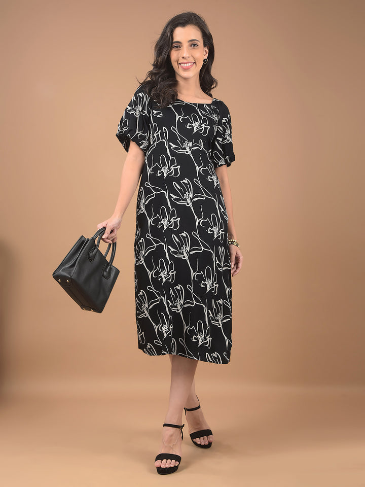 Black Floral Print Square Neck Midi Length Dress-Women Dresses-Crimsoune Club