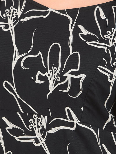 Black Floral Print Square Neck Midi Length Dress-Women Dresses-Crimsoune Club