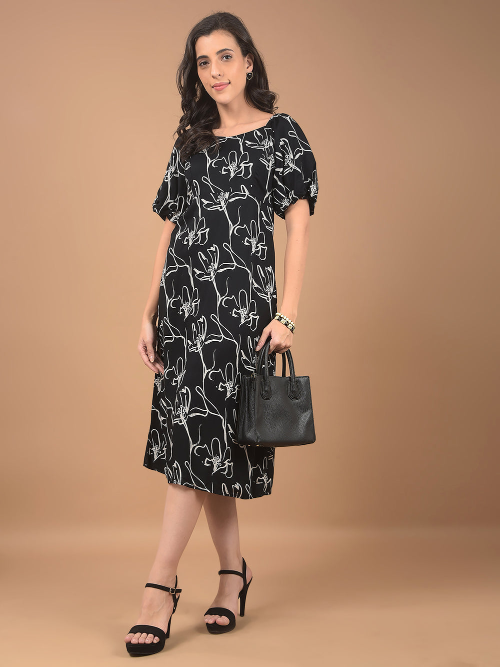 Black Floral Print Square Neck Midi Length Dress-Women Dresses-Crimsoune Club