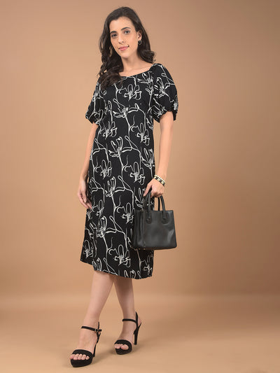Black Floral Print Square Neck Midi Length Dress-Women Dresses-Crimsoune Club
