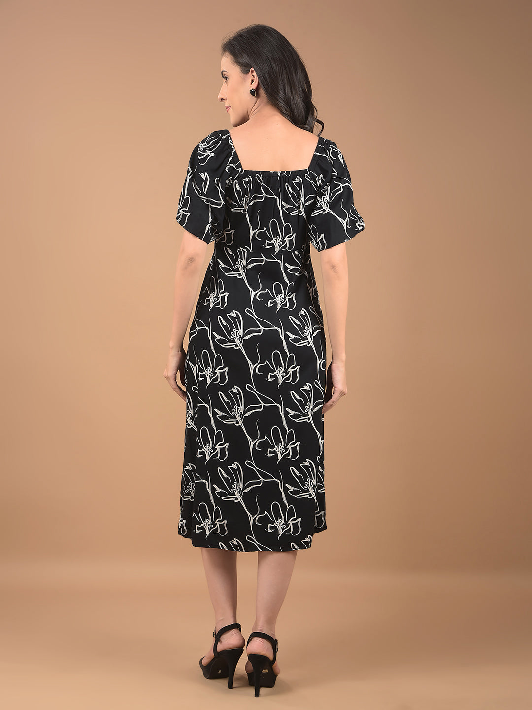 Black Floral Print Square Neck Midi Length Dress-Women Dresses-Crimsoune Club