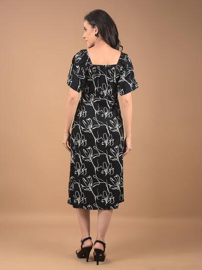 Black Floral Print Square Neck Midi Length Dress-Women Dresses-Crimsoune Club