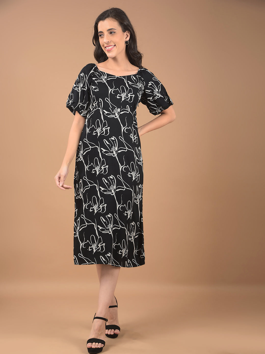 Black Floral Print Square Neck Midi Length Dress-Women Dresses-Crimsoune Club