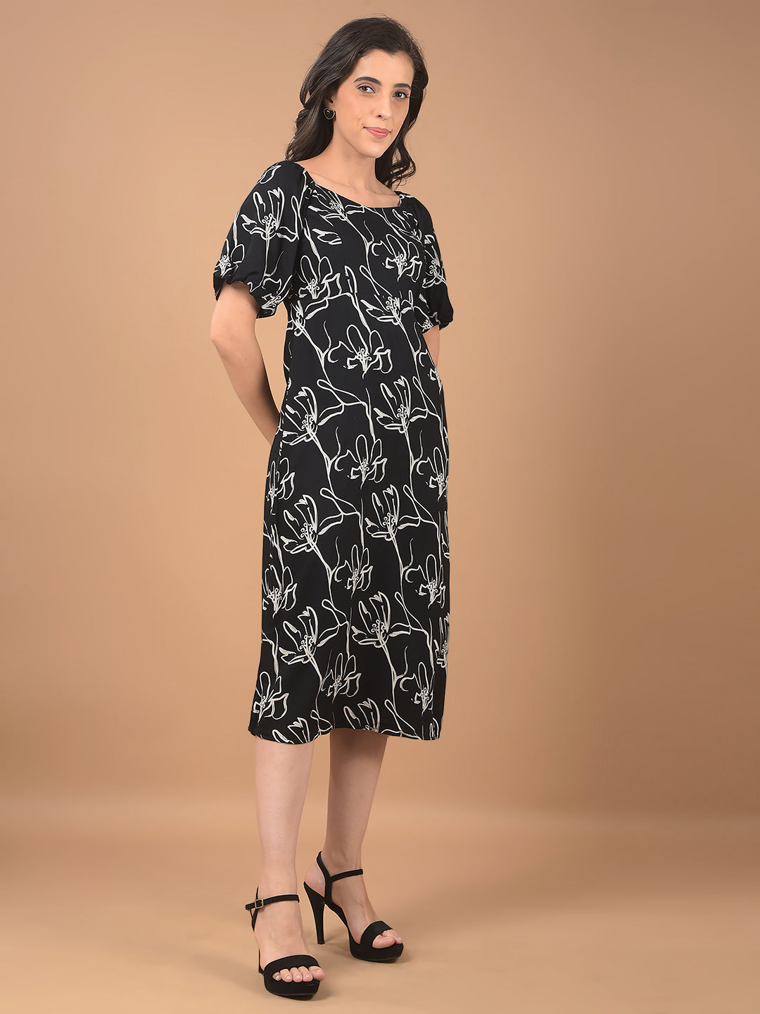 Black Floral Print Square Neck Midi Length Dress-Women Dresses-Crimsoune Club