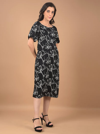 Black Floral Print Square Neck Midi Length Dress-Women Dresses-Crimsoune Club