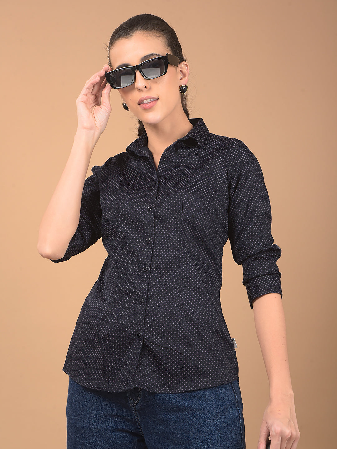 Navy Blue Printed Shirt-Women Shirts-Crimsoune Club