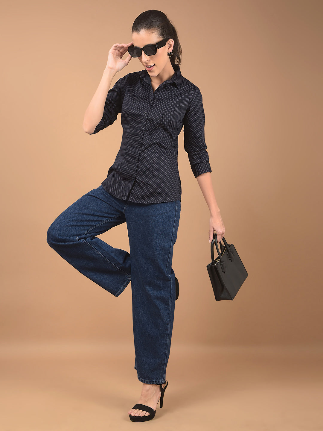 Navy Blue Printed Shirt-Women Shirts-Crimsoune Club