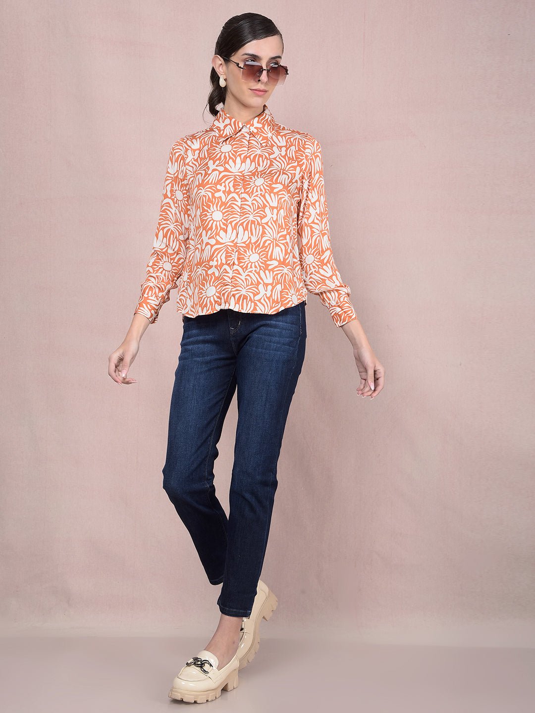 Orange Printed Shirt-Women Shirts-Crimsoune Club