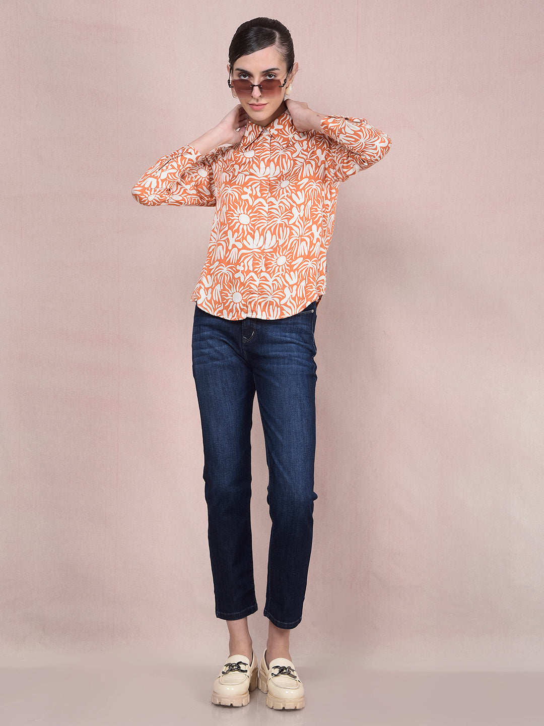 Orange Printed Shirt-Women Shirts-Crimsoune Club