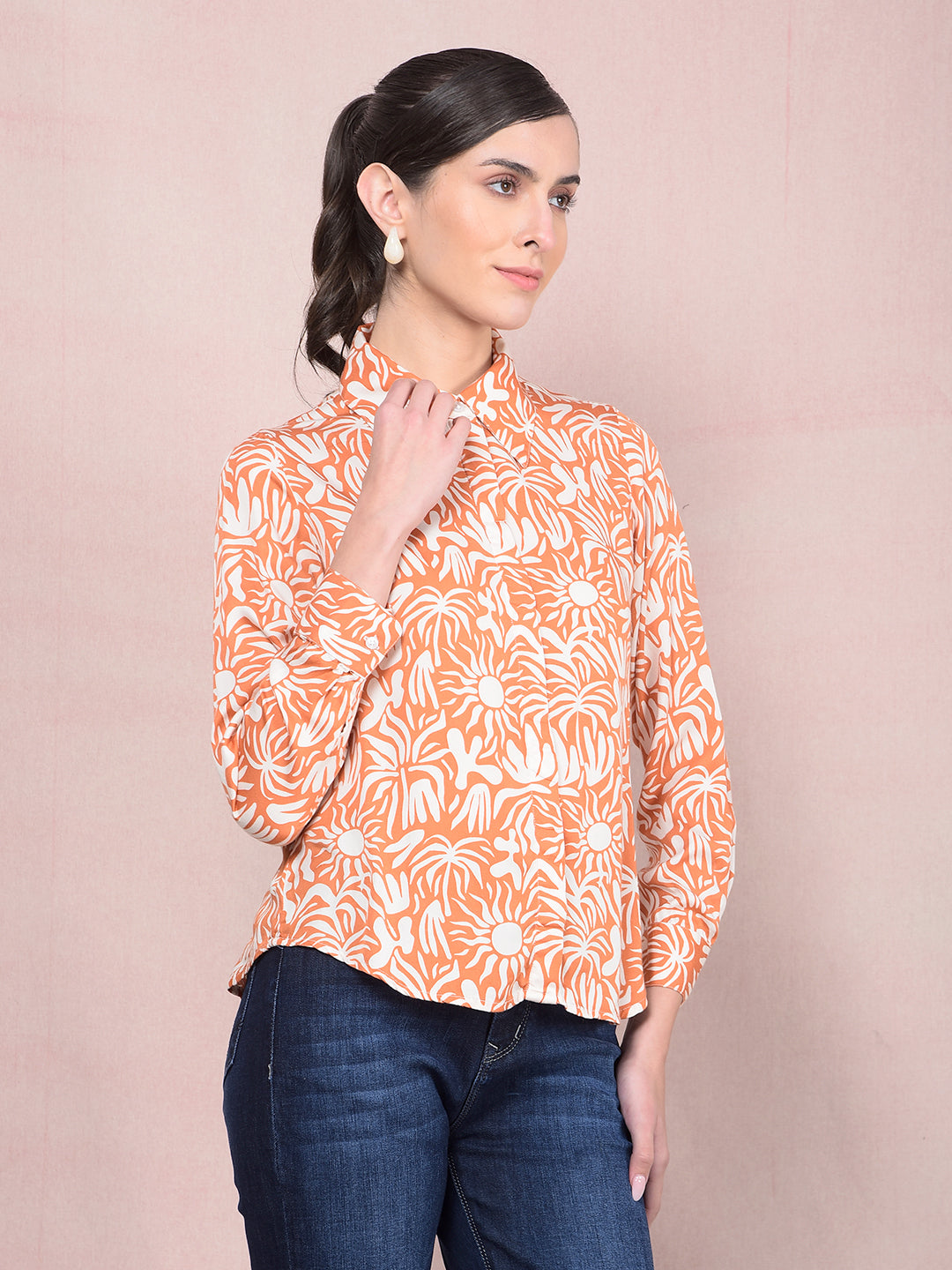 Orange Printed Shirt-Women Shirts-Crimsoune Club