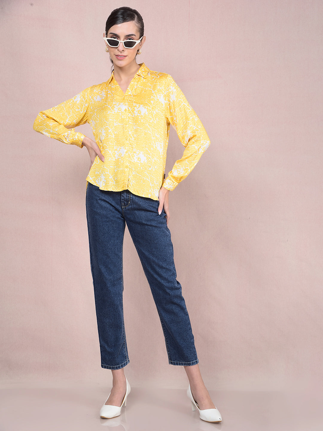 Yellow Printed Shirt-Women Shirts-Crimsoune Club