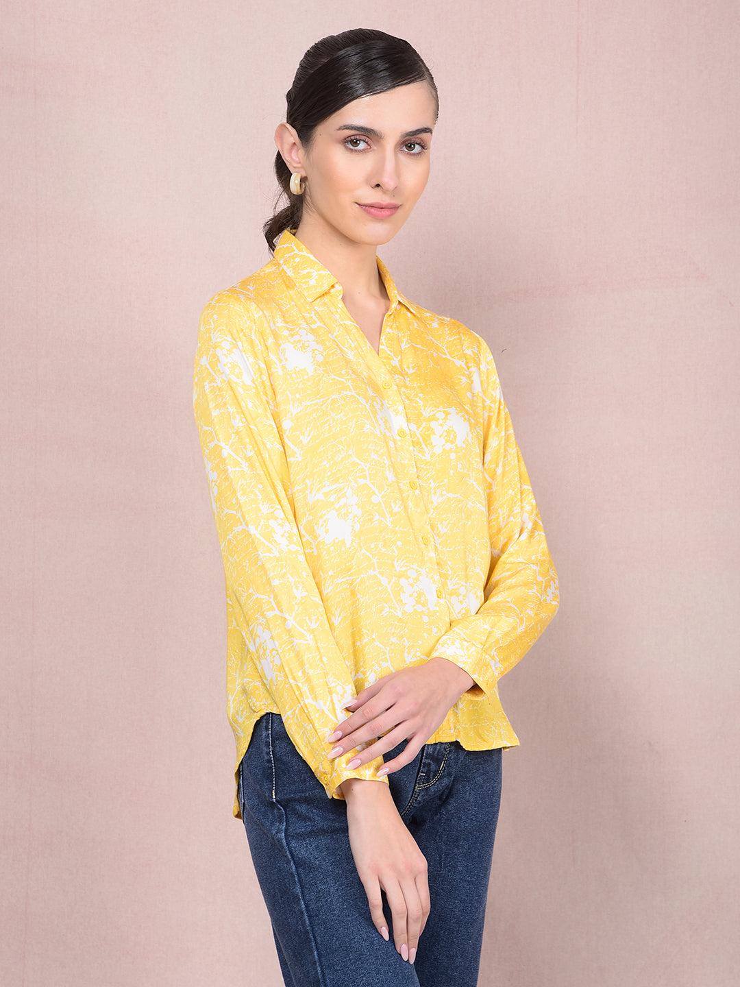 Yellow Printed Shirt-Women Shirts-Crimsoune Club