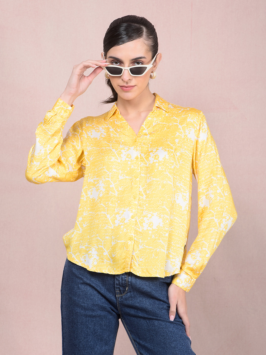 Yellow Printed Shirt-Women Shirts-Crimsoune Club