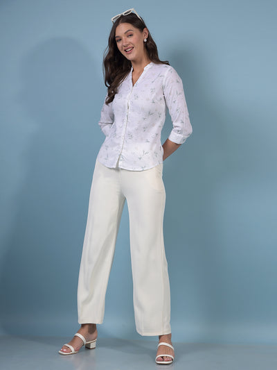 Women's White Floral Print V-Neck Linen Shirt-Women Shirts-Crimsoune Club