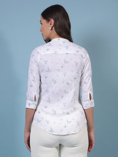 Women's White Floral Print V-Neck Linen Shirt-Women Shirts-Crimsoune Club