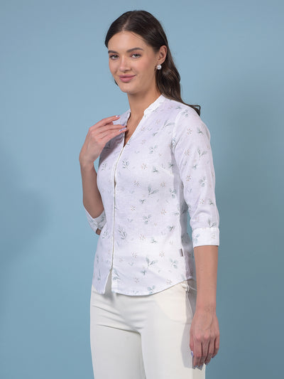 Women's White Floral Print V-Neck Linen Shirt-Women Shirts-Crimsoune Club