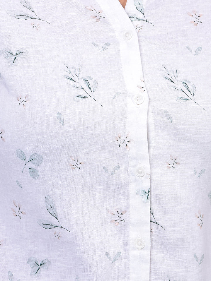 Women's White Floral Print V-Neck Linen Shirt-Women Shirts-Crimsoune Club
