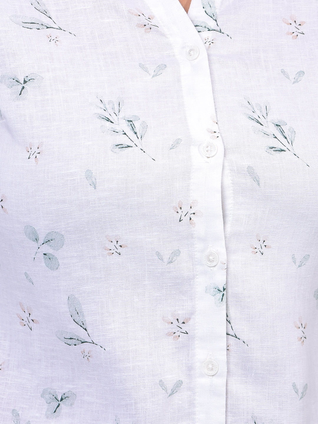 Women's White Floral Print V-Neck Linen Shirt-Women Shirts-Crimsoune Club