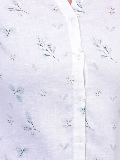 Women's White Floral Print V-Neck Linen Shirt-Women Shirts-Crimsoune Club