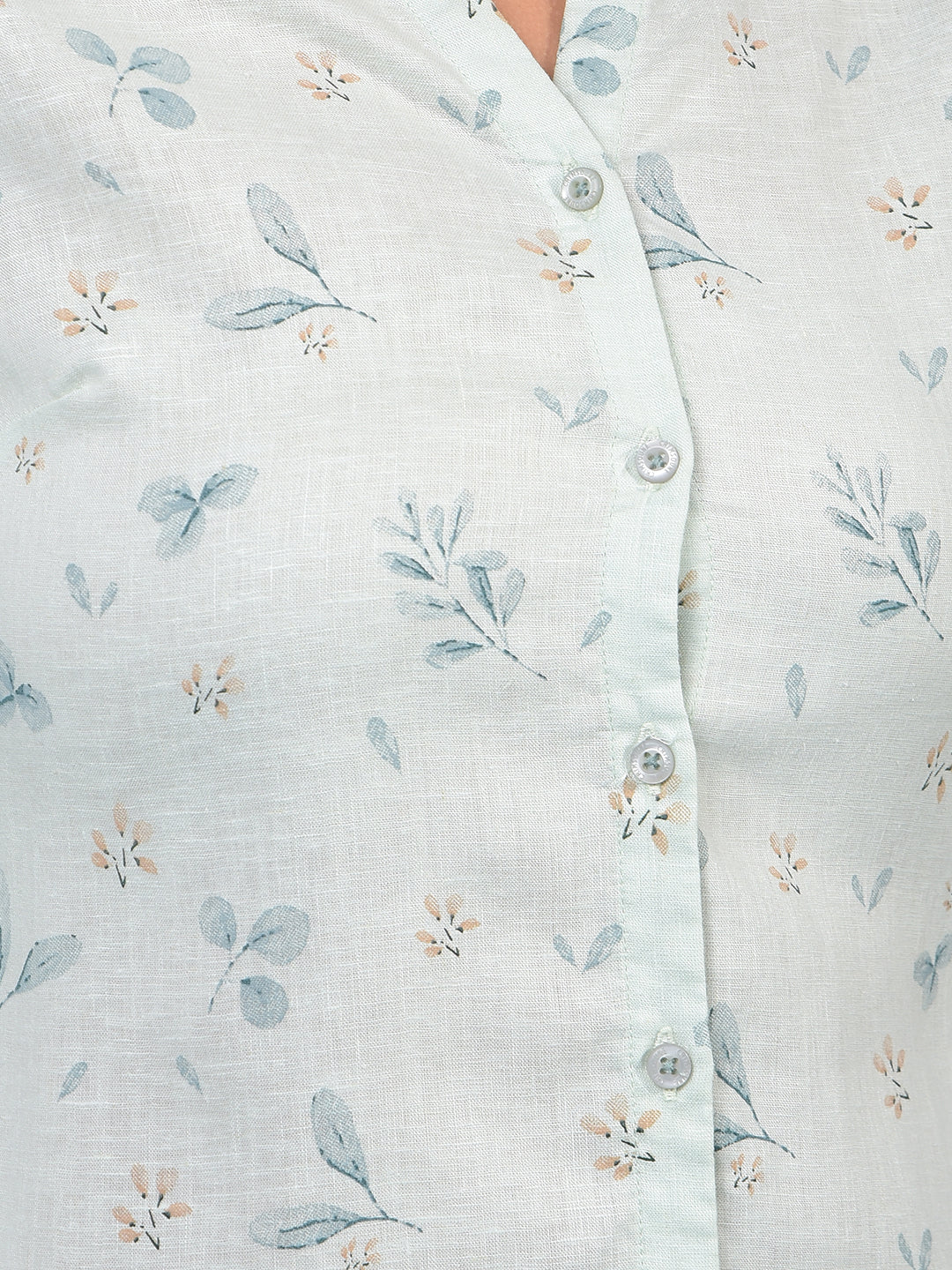 Women's Green Floral Print V-Neck Linen Shirt-Women Shirts-Crimsoune Club