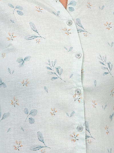 Women's Green Floral Print V-Neck Linen Shirt-Women Shirts-Crimsoune Club