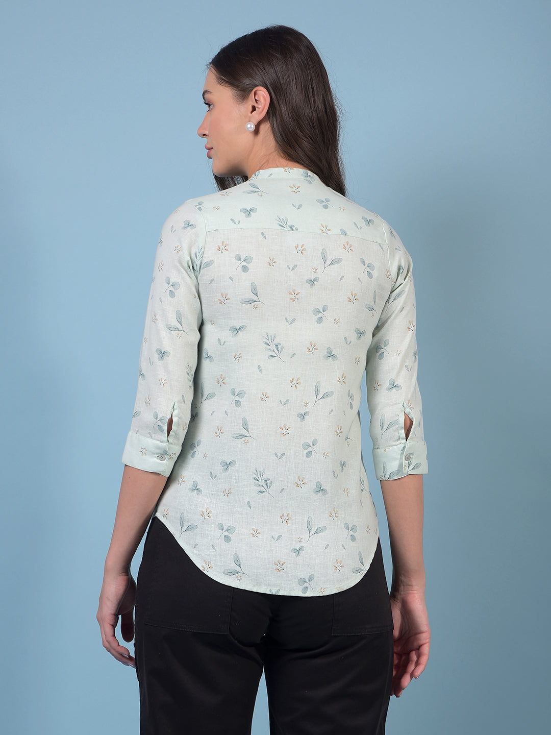 Women's Green Floral Print V-Neck Linen Shirt-Women Shirts-Crimsoune Club