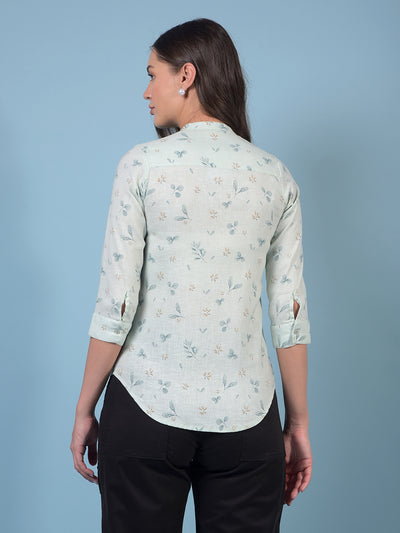 Women's Green Floral Print V-Neck Linen Shirt-Women Shirts-Crimsoune Club
