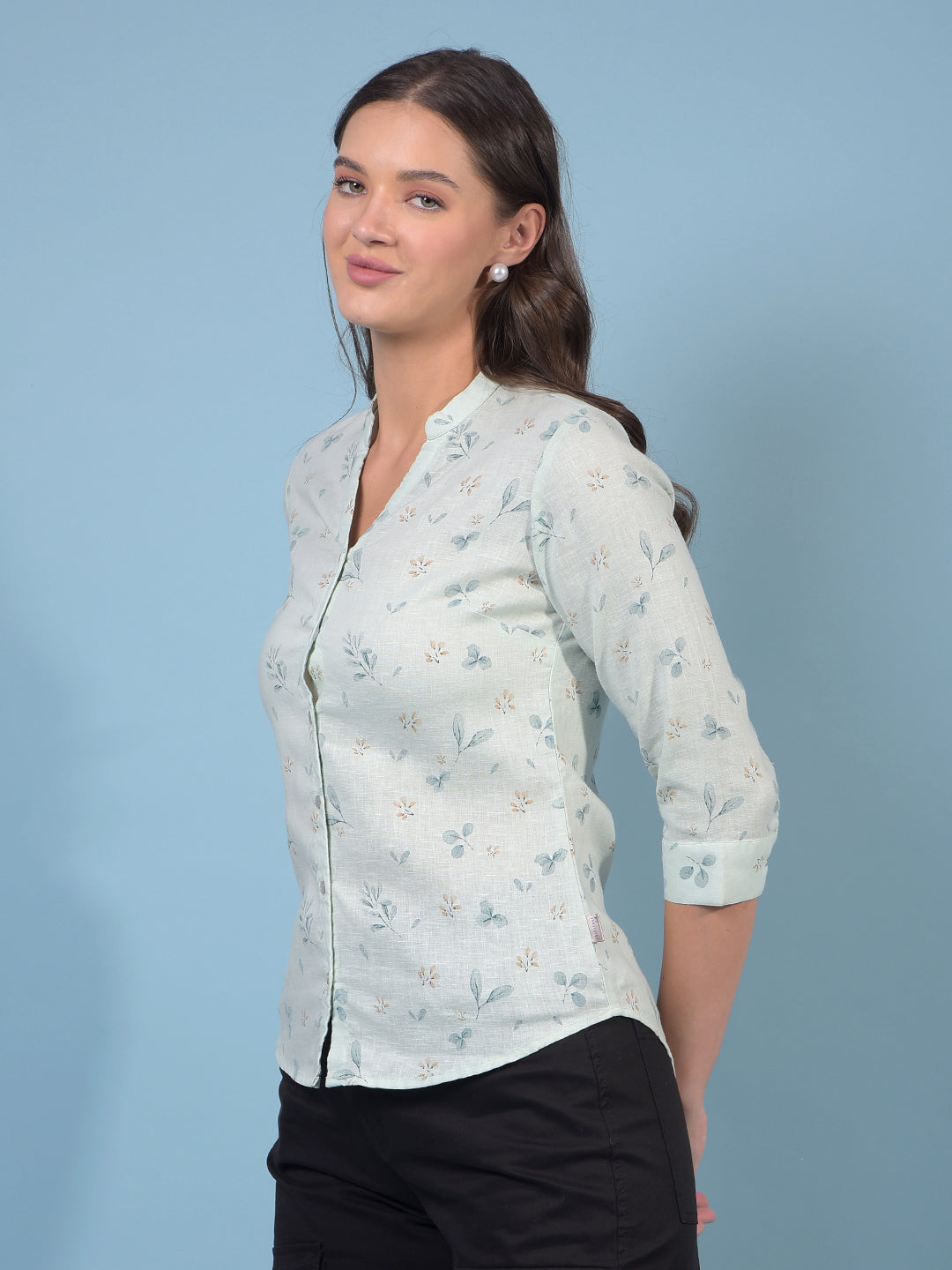 Women's Green Floral Print V-Neck Linen Shirt-Women Shirts-Crimsoune Club