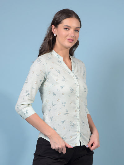 Women's Green Floral Print V-Neck Linen Shirt-Women Shirts-Crimsoune Club